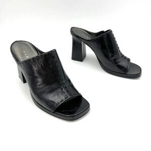 Vintage Parade Platform Mules Black Leather High Heels Square Peep Toe